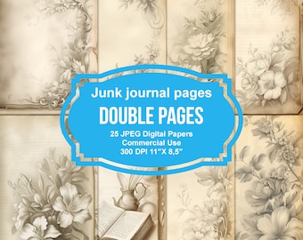 25 Double Vintage Junk Journal Printable Pages, Junk Journal Kit, Scrapbook printable, Printable Paper, Digital Collage, Instant Download