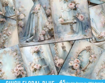 Blue watercolor junk journal pages, scrapbook, floral collage, printable pages, shabby chic, backgrounds, digital ephemera, instant download