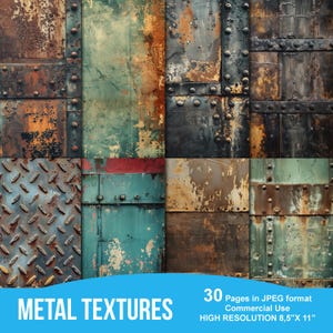 May include: A collection of 30 high-resolution metal textures in JPEG format, measuring 8.5 inches by 11 inches. The textures feature various shades of brown, green, and blue, with rust and paint chipping. The textures are ideal for use in digital art, graphic design, and other creative projects.
