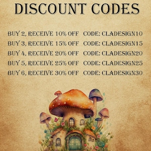 May include: A whimsical illustration featuring a mushroom house with an orange and brown cap, surrounded by smaller mushrooms and flowers. The image includes text that reads "DISCOUNT CODES" and details various percentage discounts.