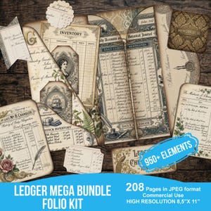 May include: A collection of vintage-style ledger pages and ephemera, featuring botanical illustrations, portraits, and handwritten text. The bundle includes various sizes and shapes, with a color palette of beige, cream, and blue. The text on the pages includes "Inventory" and "Daily Ledger".