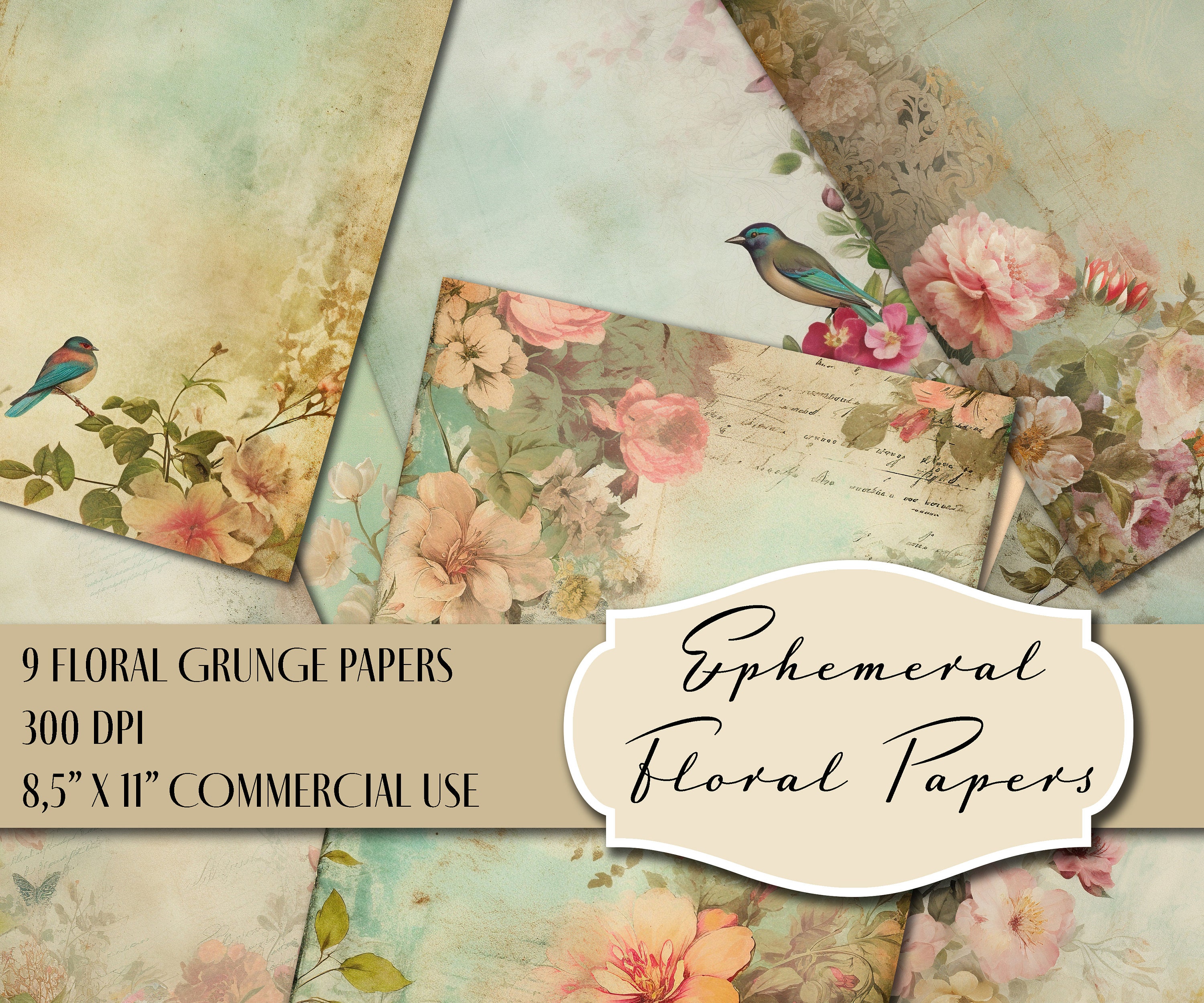 9 Ephemeral Vintage Floral Papers, 8,5" X 11" , High Resolution, Instant Download for Commercial Use, Printable, Scrapbook, Junk Journal