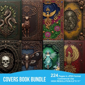 Könnte beinhalten: Eine Sammlung von Fantasy-Buchcovern mit aufwendigen Designs. Die Cover zeigen einen Drachen, einen Hirsch, einen Phönix, eine Fee, einen Schädel und eine Motte. Der Text "COVERS BOOK BUNDLE" ist unten zu sehen. Die Buchcover sind 21,6 cm x 27,9 cm groß.