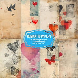 20 Romantic Papers Junk Journal Printable Pages, Junk Journal Kit, Scrapbook printable, Printable Paper, Digital Collage, Instant Download