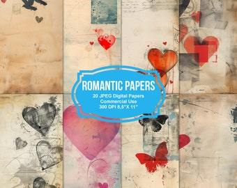 May include: A set of 20 digital papers featuring romantic themes. The papers have a vintage, distressed look with hearts, butterflies, and other romantic elements. The papers are 8.5 inches by 11 inches and 300 DPI.