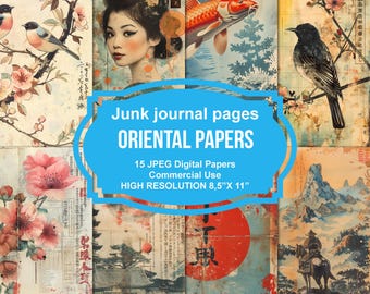 May include: A collage of 15 digital papers featuring Japanese-inspired imagery, including cherry blossoms, koi fish, a woman in traditional clothing, and a bird. The papers are high resolution and measure 8.5 inches by 11 inches.