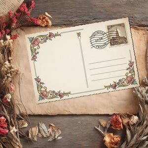 May include: A vintage postcard with floral corner designs and a postage stamp, resting on aged paper. Dried flowers in shades of red, pink, and white surround the postcard, set against a rustic wooden background.