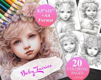 20 Cute Baby Fairies Coloring Pages + Cover, Printable Adult Coloring Book, Instant Download Illustration, 2 PDF files 8,5"x11" and A4