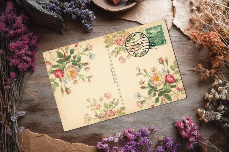 May include: Vintage postcard with floral illustrations of pink and yellow roses, green leaves, and small blue flowers. The postcard has a postmark and a green stamp. The background is a wooden surface with dried flowers.