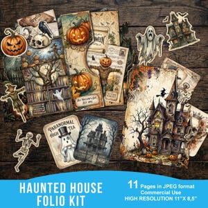 Peut inclure: Un kit de loisirs créatifs numérique comprenant 11 pages d'illustrations sur le thème d'Halloween, dont des maisons hantées, des citrouilles, des fantômes, des squelettes, des épouvantails et des crânes, avec des textes comme Paranormal High Tea.