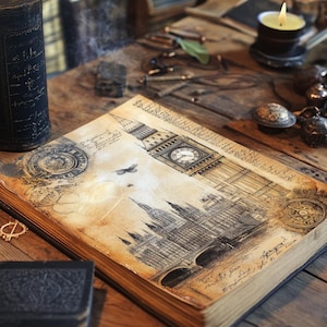 K&ouml;nnte beinhalten: Ein antikes Buch mit einer Zeichnung von Big Ben und den Houses of Parliament auf dem Einband. Das Buch hat einen abgenutzten, alten Look und ist ge&ouml;ffnet, um weitere Zeichnungen und Text zu zeigen.