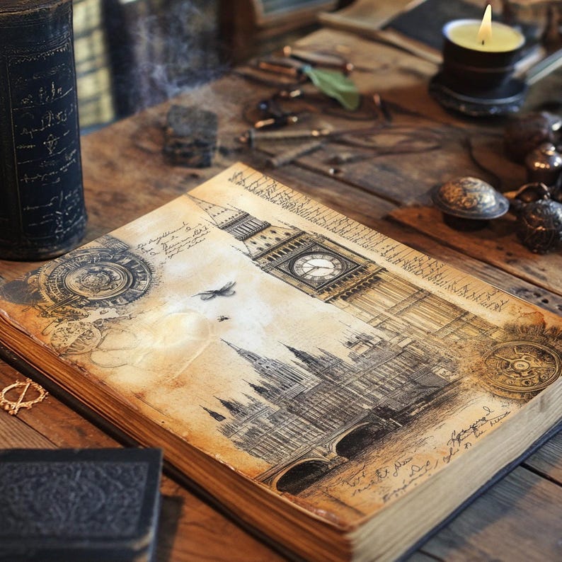 K&ouml;nnte beinhalten: Ein antikes Buch mit einer Zeichnung von Big Ben und den Houses of Parliament auf dem Einband. Das Buch hat einen abgenutzten, alten Look und ist ge&ouml;ffnet, um weitere Zeichnungen und Text zu zeigen.