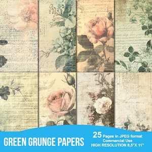 Green Grunge Paper Pack, Printable Papers, Digital Junk Journal, Botanical Junk Journal, Junk Journal Kit, Digital Download