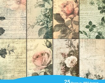 May include: A collage of eight vintage-style papers with floral and script designs. The papers feature roses and other flowers in shades of pink, green, and cream. The text "GREEN GRUNGE PAPERS" is at the bottom.