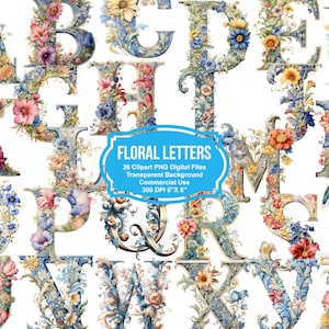 26 Floral Letters Clipart  5&quot; x 5&quot; - Transparent Background Digital Download PNG Graphics - Commercial Use, Fussy Cuts