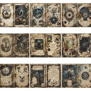 May include: A collection of vintage-style book covers with mystical illustrations. Each cover features detailed artwork with celestial, botanical, and occult themes. The color palette includes sepia tones, blues, and greens, creating an antique aesthetic. Titles include "Nocturnal Alchemy" and "Grimoire".