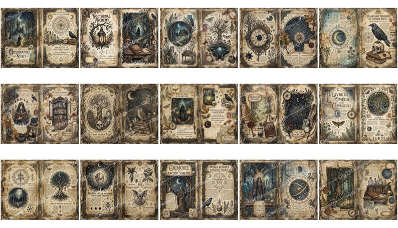 May include: A collection of vintage-style book covers with mystical illustrations. Each cover features detailed artwork with celestial, botanical, and occult themes. The color palette includes sepia tones, blues, and greens, creating an antique aesthetic. Titles include "Nocturnal Alchemy" and "Grimoire".