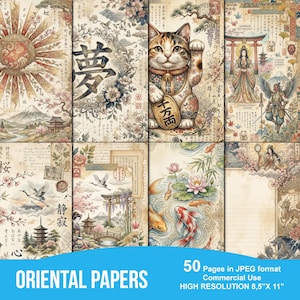 Papier numérique japonais vintage | Arrière-plans de scrapbooking Ukiyo-e | Éphémères asiatiques de journal indésirable | Impression de fleurs de cerisier koï | Commerciale