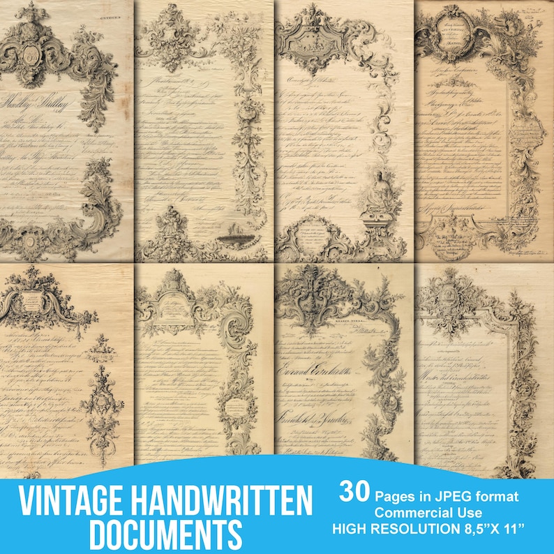 May include: A collection of vintage handwritten documents with ornate, decorative borders. The documents are in a sepia tone, with the text and borders in a darker shade. The text "VINTAGE HANDWRITTEN DOCUMENTS" is displayed at the bottom. The documents are 8.5" x 11".