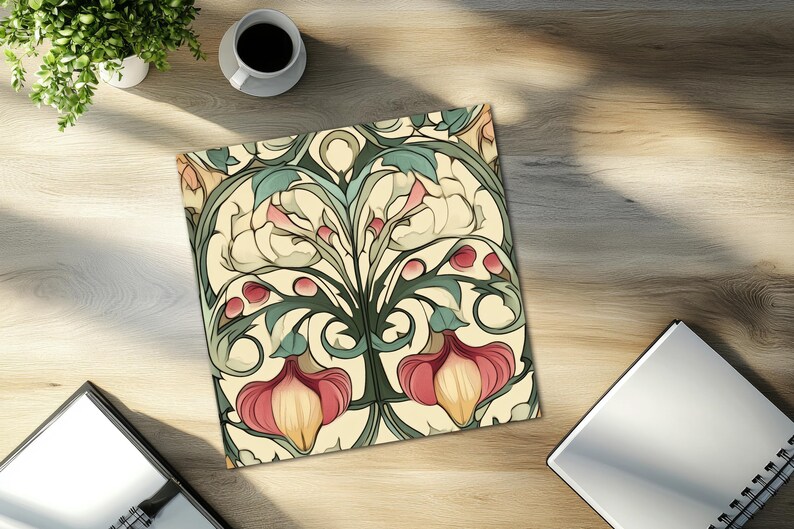 May include: A vintage-style floral pattern with a symmetrical design. The pattern features a light cream background with green, pink, and yellow flowers and leaves.
