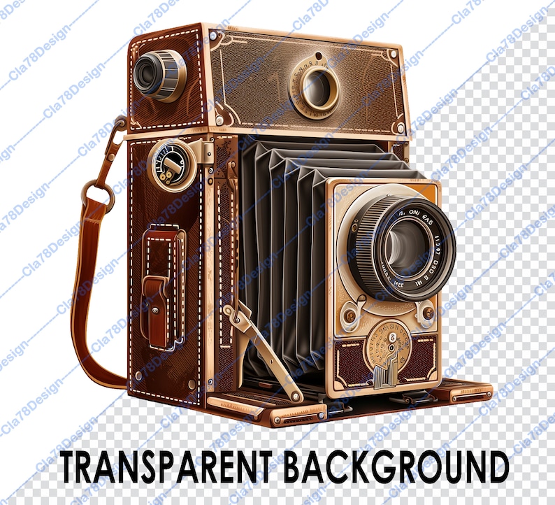May include: A vintage-style camera with a brown leather exterior and brass accents. The camera has a bellows system and a lens with a black rim and a silver inscription. The camera has a strap attached to it.