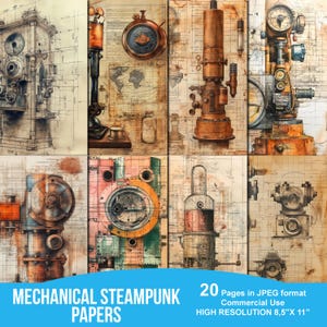 Peut inclure: Un ensemble de 20 papiers numériques présentant des motifs steampunk complexes. Les papiers sont au format JPEG haute résolution et sont parfaits pour les projets d'artisanat, de scrapbooking et de design numérique.