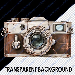 May include: A vintage camera with a brown leather body and silver accents. The camera has a large lens with a silver rim and a black lens cap. The camera has a silver top with a black viewfinder and a silver shutter release button.