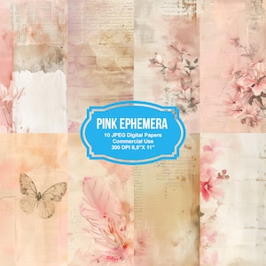 10 roze ephemera Junk Journal afdrukbare pagina's, Junk Journal Kit, afdrukbare plakboek, Afdrukbaar papier, Digitale collage, Instant Download