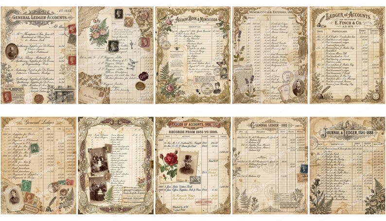 Vintage Ledger Paper Digital Pack, Junk Journal Pages, Printable ...