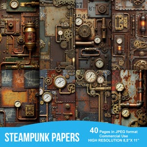 Peut inclure: Papiers numériques sur le thème steampunk, présentant un collage de textures métalliques, d'engrenages, de jauges et de tuyaux dans des tons bruns, cuivrés et rouille. Le texte "STEAMPUNK PAPERS" et "HAUTE RÉSOLUTION 8,5"X 11" est inclus.
