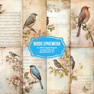 10 Birds Ephemera Junk Journal Printable Pages, Junk Journal Kit, Scrapbook printable, Printable Paper, Digital Collage, Instant Download