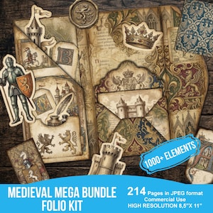 May include: A digital craft kit featuring medieval-themed illustrations including a knight in armor, a castle, a crown, a wax seal, and an inkwell with a quill. The collection includes 214 pages in JPEG format, 1000+ elements, and 8.5" x 11" dimensions.