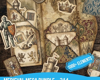 Mega Bundle Medieval Pocket Folio Kit, 214 Pages Junk Journal Ephemera, Royal Illuminated Scrapbook, Trifold Envelope Fussy Cut Craft Kit