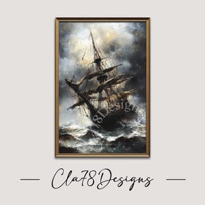Stormy Sea Ship, Coastal & Ocean Aesthetic, Dark Academia Decor, Nautical Wall Art, Moody Antique Art, Vintage Seascape Print, Maritime Art
