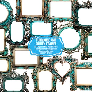 Turquoise Frames Clipart - Rococo And Baroque Vintage Clip Art Graphics For Altered Art Or Junk Journals. Instant Download-Commercial Use