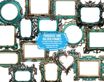 Turquoise Frames Clipart - rococo's en barok vintage Clip Art-afbeeldingen voor bewerkte kunst of ongewenste tijdschriften. Directe download: commercieel gebruik