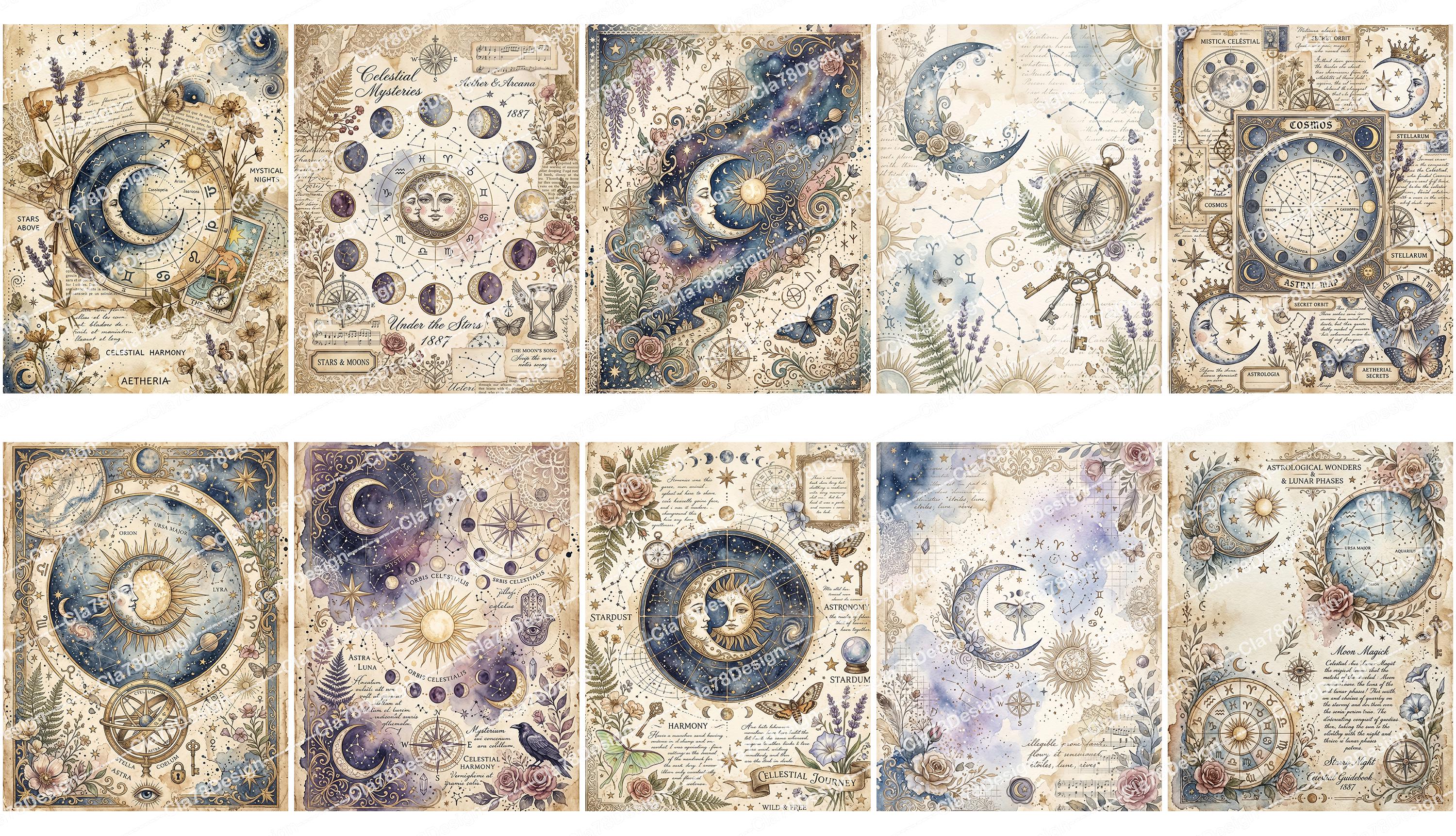 Celestial Digital Paper, Vintage Sun and Moon Junk Journal Pages ...