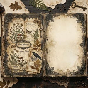 May include: An open vintage journal with botanical illustrations, butterflies, and the text "Flora Nocturna" and "Aethelred's Journal." The pages are surrounded by antique keys, a pen, inkwell, and dried leaves, creating a gothic aesthetic.
