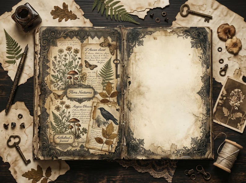 May include: An open vintage journal with botanical illustrations, butterflies, and the text "Flora Nocturna" and "Aethelred's Journal." The pages are surrounded by antique keys, a pen, inkwell, and dried leaves, creating a gothic aesthetic.