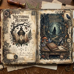May include: An open book with the titles "Nocturnal Alchemy" and "Forest Secrets" on facing pages. The left page features a lantern illustration, while the right depicts a forest scene. Additional items include a stamp, scissors, and a key.