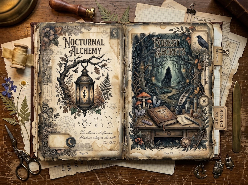 May include: An open book with the titles "Nocturnal Alchemy" and "Forest Secrets" on facing pages. The left page features a lantern illustration, while the right depicts a forest scene. Additional items include a stamp, scissors, and a key.