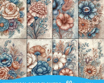 Boho Floral Digital Papers, Boho Flowers paper pack, floral journal and scrapbooking pages, Bohemian Flowers Backgrounds, Floral Card Pack