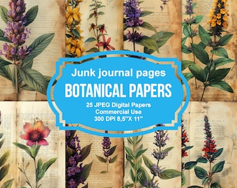25 Botanical Herbs Junk Journal Printable Pages, Junk Journal Kit, Scrapbook printable, Printable Paper, Digital Collage, Instant Download