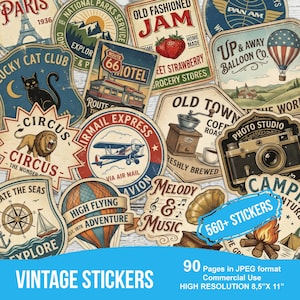May include: A collection of vintage-style stickers with various designs, including travel, food, and entertainment themes. The stickers feature illustrations of a cat, airplane, hot air balloon, and more. The text "VINTAGE STICKERS" is at the bottom.
