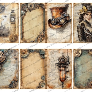 K&ouml;nnte beinhalten: Ein Set aus 8 digitalen Scrapbook-Papierseiten mit Steampunk-Thema. Die Seiten zeigen Bilder von Zahnr&auml;dern, Uhren und anderen Steampunk-Elementen. Die Seiten sind im Vintage-Stil mit einem abgenutzten Look.