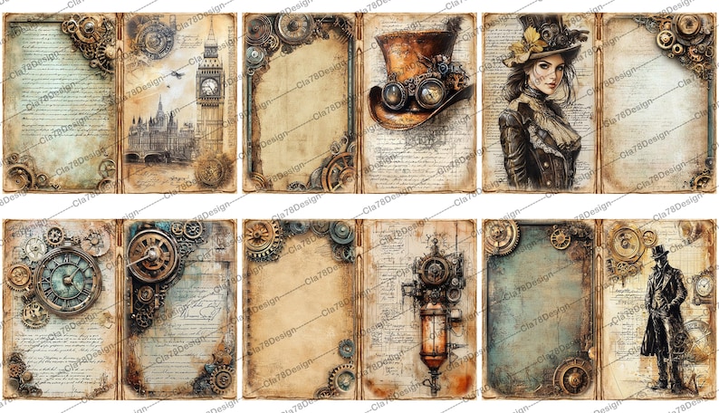 K&ouml;nnte beinhalten: Ein Set aus 8 digitalen Scrapbook-Papierseiten mit Steampunk-Thema. Die Seiten zeigen Bilder von Zahnr&auml;dern, Uhren und anderen Steampunk-Elementen. Die Seiten sind im Vintage-Stil mit einem abgenutzten Look.