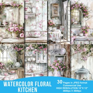 Carta da cucina in stile shabby chic retrò per decoupage - 30 immagini JPG ad acquerello di alta qualità, per artigianato, journaling, scrapbooking, download digitale