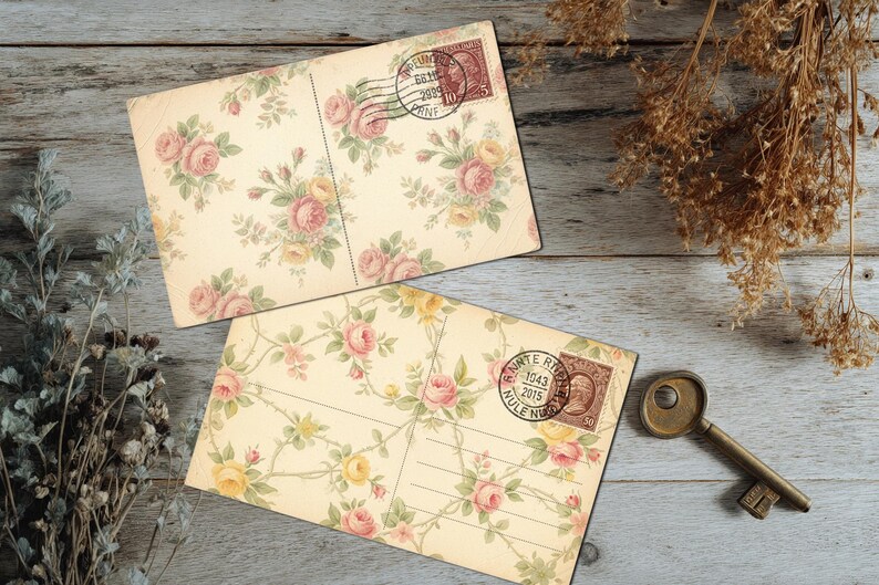 May include: Two vintage postcards with floral patterns featuring pink and yellow roses, and a bronze key. The postcards have stamps and are set on a weathered wooden surface, evoking a sense of nostalgia and romance.