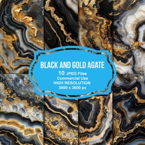 以下が含まれることがあります： 黒と金の瑪瑙の渦巻き模様が特徴のデジタルペーパーパターン10点。パターンは高解像度で、3600 x 3600ピクセル、商用利用可能です。