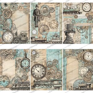 May include: Twelve digital paper squares with a steampunk theme. Each square features a different design with gears, clocks, trains, and other vintage elements. The squares are in shades of blue, brown, and beige.